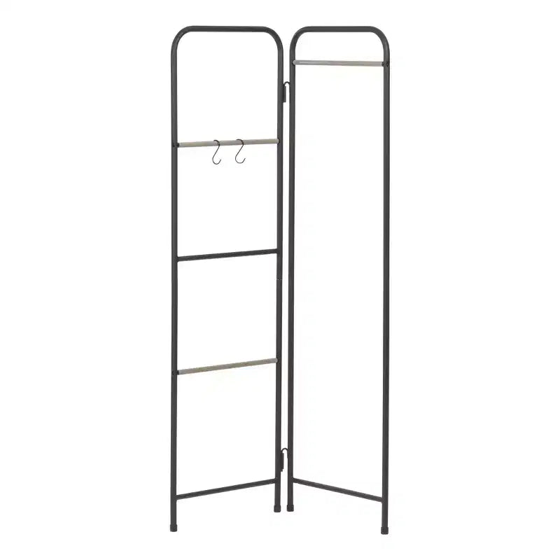 IRIS 2 Panel Free Standing Metal Garment Rack Black: Closet Clothes Stand, Wardrobe Organizer, Fixed Shelf & Hooks