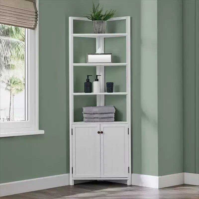 Mobile angolare contenitore Dover con due ante e ripiani aperti bianco - Alaterre Furniture