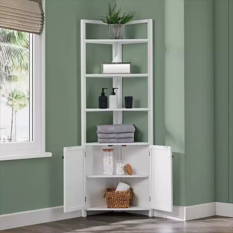 Mobile angolare contenitore Dover con due ante e ripiani aperti bianco - Alaterre Furniture
