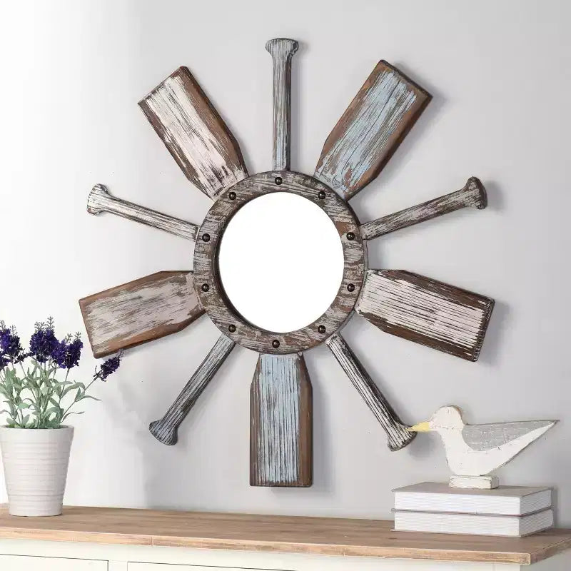 Specchio da parete Montauk Weathered Boat Paddle bianco/blu - StyleCraft: Nessun assemblaggio, forma rotonda, vetro e ferro
