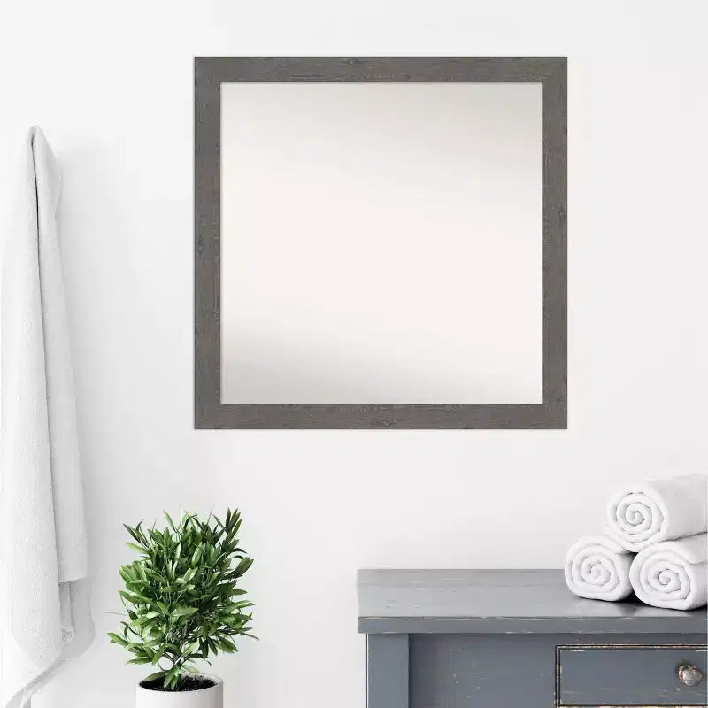 Specchio da Parete Rustico a Plancia Grigia, Senza Smusso, 76x76 cm - Amanti Art: Quadrato, Cornice in Polistirene, Montaggio a Parete
