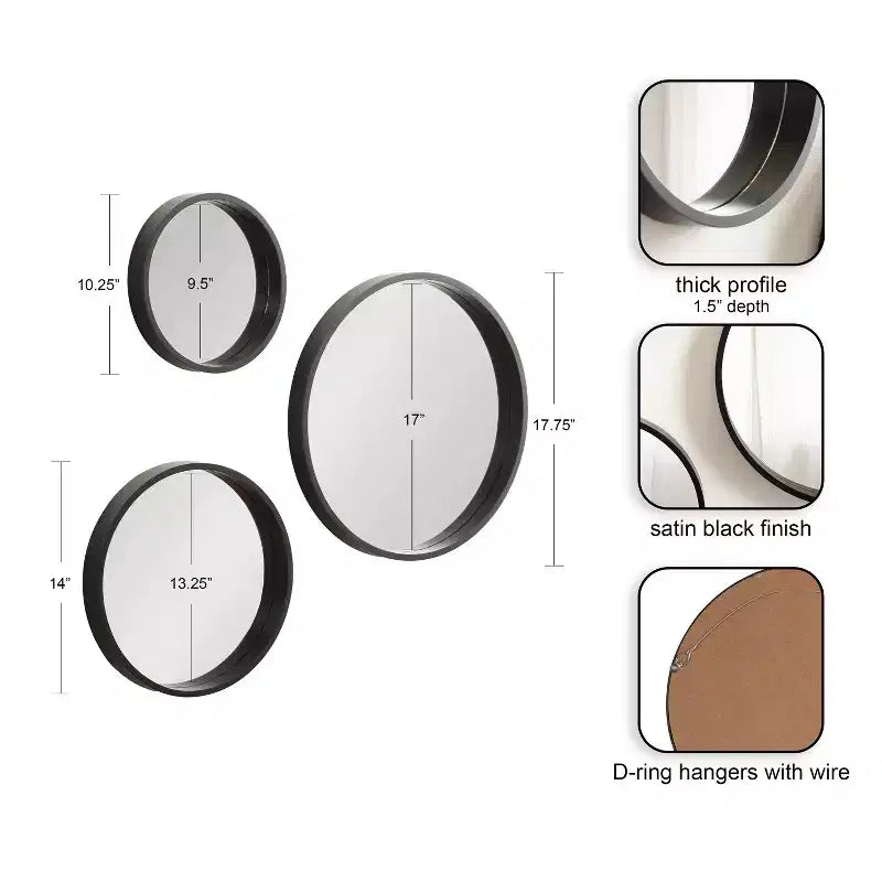Kate & Laurel All Things Decor Set di 3 specchi da parete rotondi Travis neri