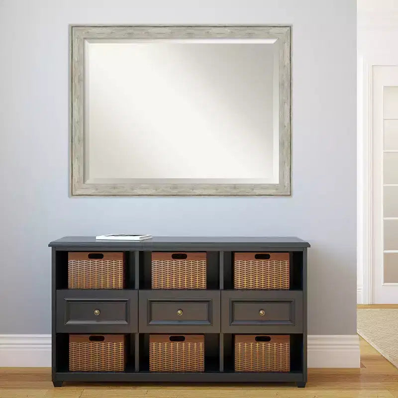 Specchio da Parete con Cornice Metallica Craquelé Argento 45" x 35" - Amanti Art: Rettangolare Moderno Smussato, Cornice in Polistirolo, Nessun Assemblaggio Richiesto