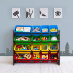 Scopri il Maxi Contenitore per Giocattoli per Bambini in Legno Scuro - Humble Crew: Ripiani in MDF, Antiribaltamento, 17 Pezzi