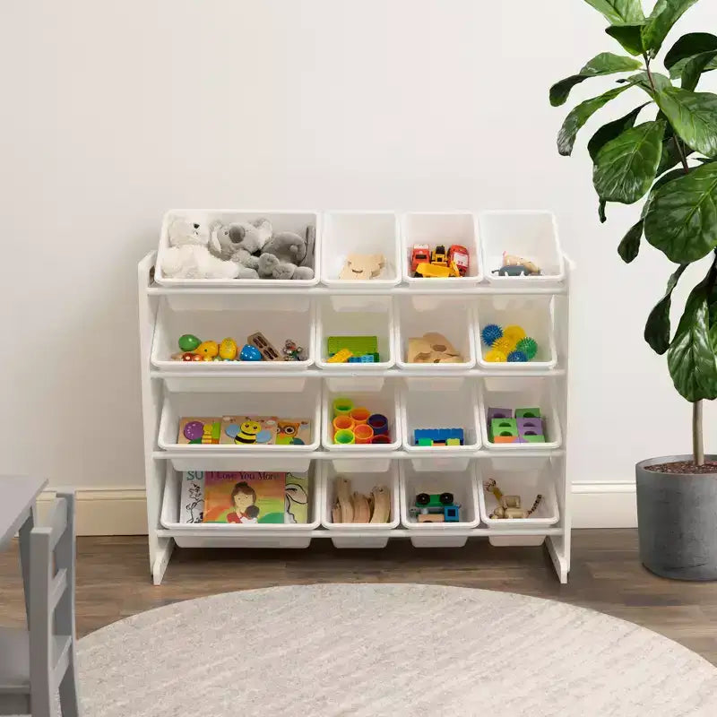 Organizer porta giocattoli super size per bambini Bianco - Humble Crew: Struttura in MDF, 4 ripiani, contenitori, ferramenta anti-ribaltamento