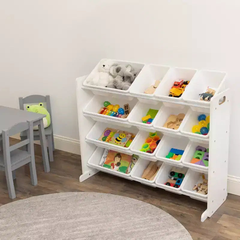 Organizer porta giocattoli super size per bambini Bianco - Humble Crew: Struttura in MDF, 4 ripiani, contenitori, ferramenta anti-ribaltamento