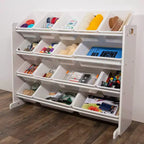 Organizer porta giocattoli super size per bambini Bianco - Humble Crew: Struttura in MDF, 4 ripiani, contenitori, ferramenta anti-ribaltamento