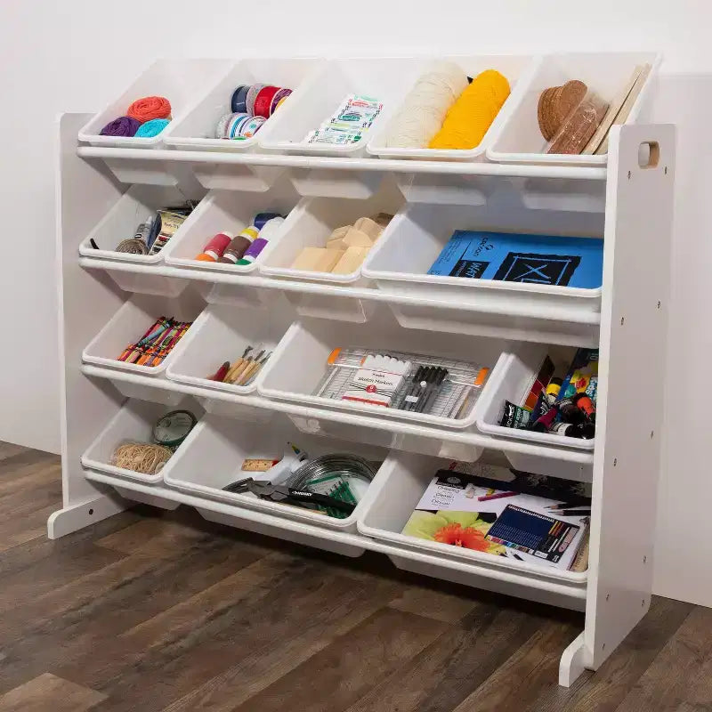 Organizer porta giocattoli super size per bambini Bianco - Humble Crew: Struttura in MDF, 4 ripiani, contenitori, ferramenta anti-ribaltamento