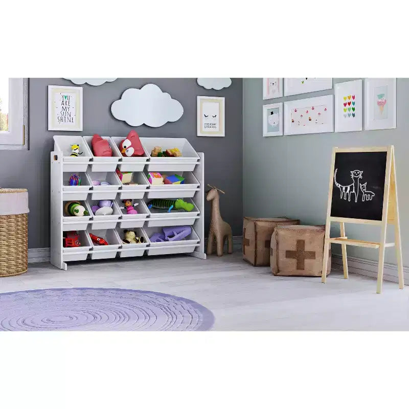 Organizer porta giocattoli super size per bambini Bianco - Humble Crew: Struttura in MDF, 4 ripiani, contenitori, ferramenta anti-ribaltamento