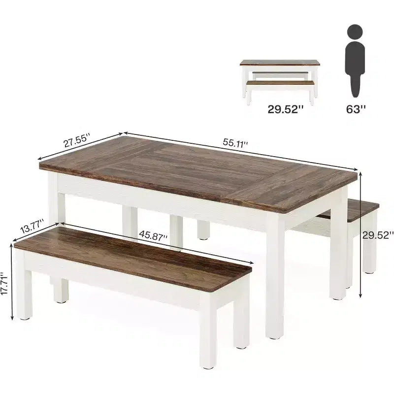 Set da Tavolo da Pranzo Grande Lantine da 55,11 Pollici, 3 Pezzi Tavolo da Cucina in Legno con 2 Panche
