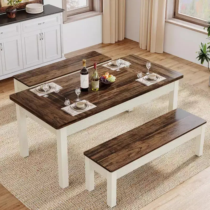 Set da Tavolo da Pranzo Grande Lantine da 55,11 Pollici, 3 Pezzi Tavolo da Cucina in Legno con 2 Panche
