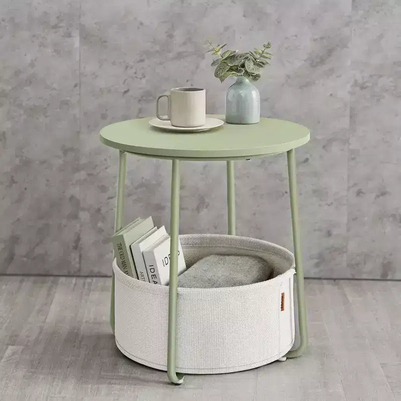 Tavolino Piccolo con Contenitore, Tavolini Rotondi da Salotto, Tavolini da Affiancare per Piccoli Spazi, Camera da Letto, Verde Alloro e Bianco Crema