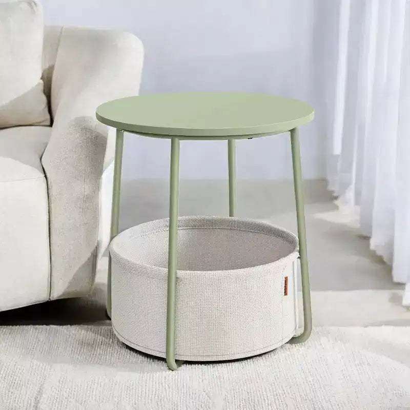 Tavolino Piccolo con Contenitore, Tavolini Rotondi da Salotto, Tavolini da Affiancare per Piccoli Spazi, Camera da Letto, Verde Alloro e Bianco Crema