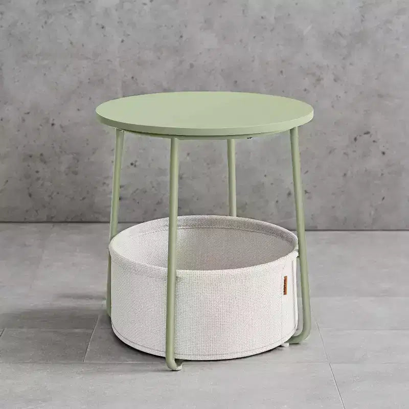 Tavolino Piccolo con Contenitore, Tavolini Rotondi da Salotto, Tavolini da Affiancare per Piccoli Spazi, Camera da Letto, Verde Alloro e Bianco Crema