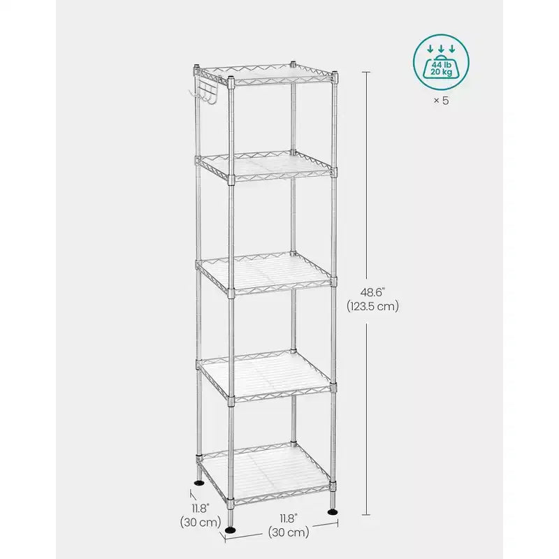 SONGMICS Scaffale a 5 Ripiani per Bagno, Scaffale per Piccoli Spazi, con 5 Fodere in PP, Gancio Rimovibile, Design Estendibile