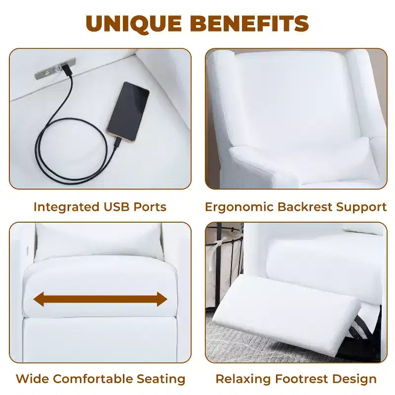 Poltrona reclinabile di lusso con movimento elettrico, ricarica USB, girevole e supporto lombare per il comfort della cameretta