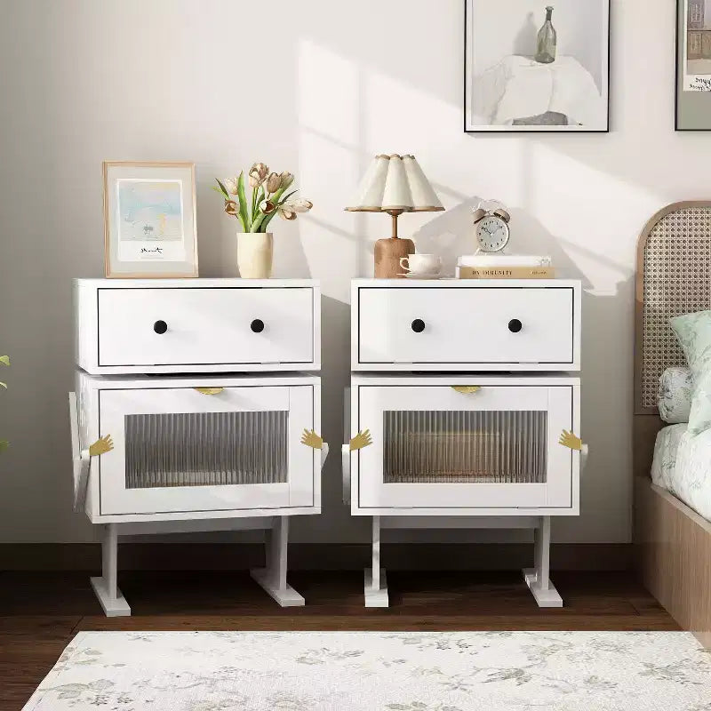 Famapy Comodino Girevole a 360 Gradi con Cassetto e Mobiletto in Vetro Trasparente