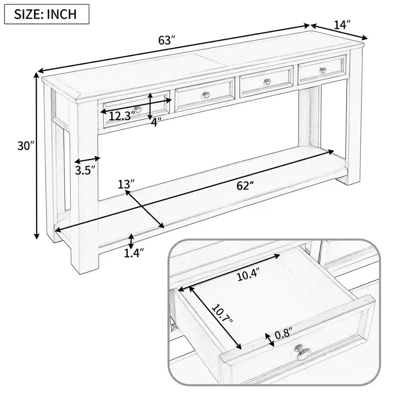 Consolle rettangolare rustica in legno Whisen con 4 cassetti e ripiano inferiore