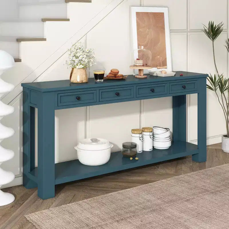 Consolle rettangolare rustica in legno Whisen con 4 cassetti e ripiano inferiore