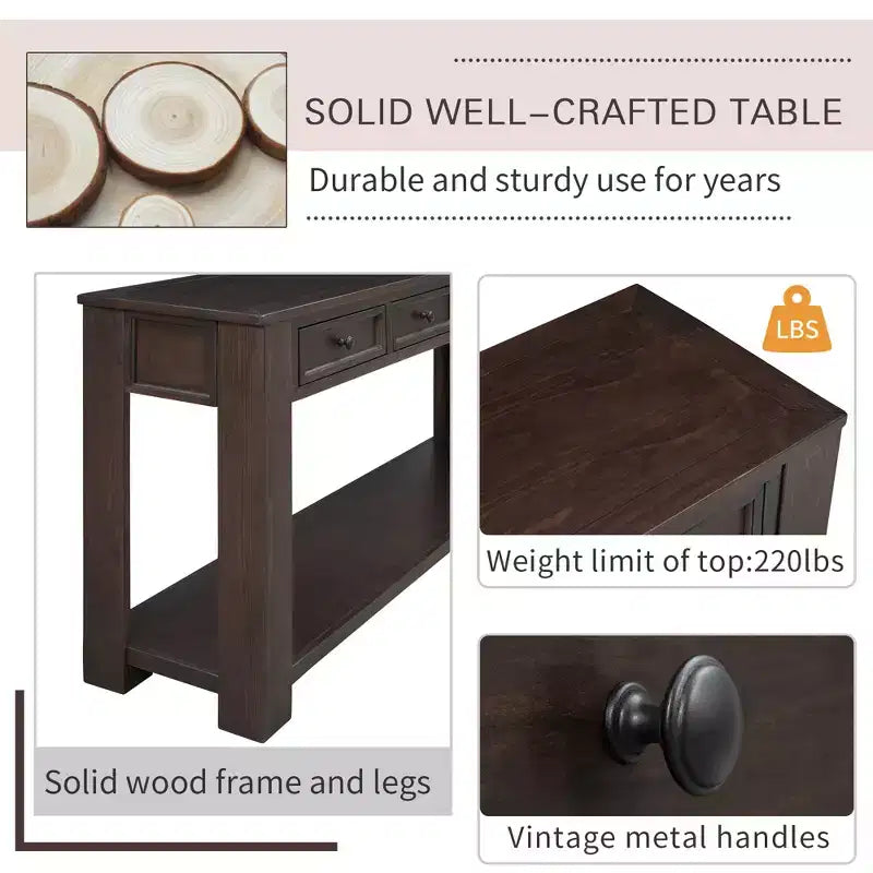 Consolle rettangolare rustica in legno Whisen con 4 cassetti e ripiano inferiore