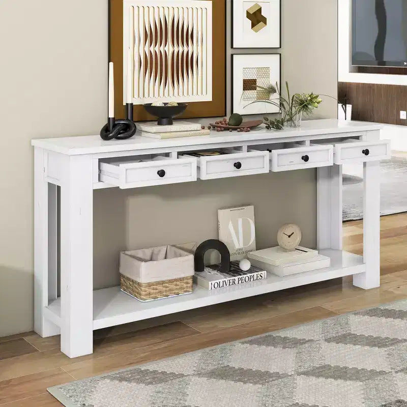 Consolle rettangolare rustica in legno Whisen con 4 cassetti e ripiano inferiore