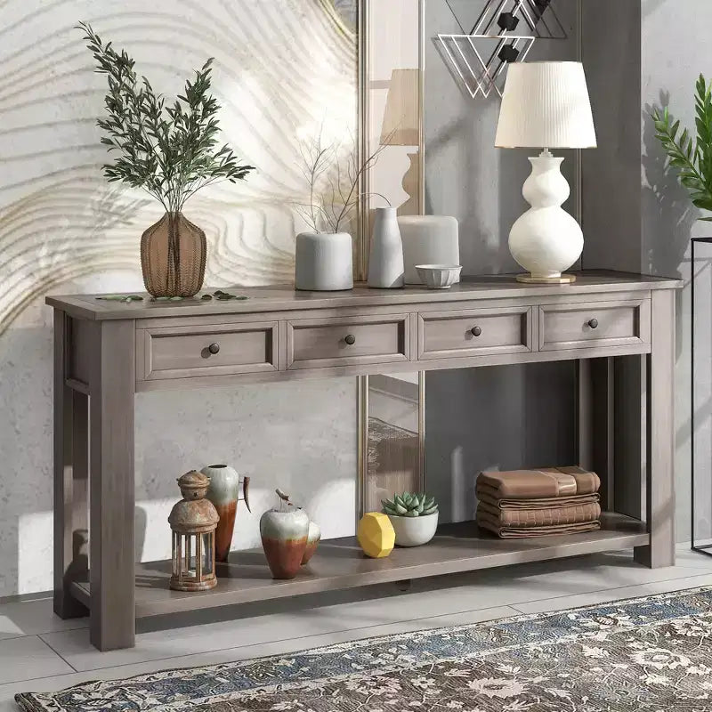 Consolle rettangolare rustica in legno Whisen con 4 cassetti e ripiano inferiore