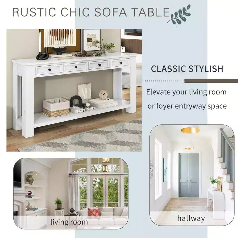 Consolle rettangolare rustica in legno Whisen con 4 cassetti e ripiano inferiore