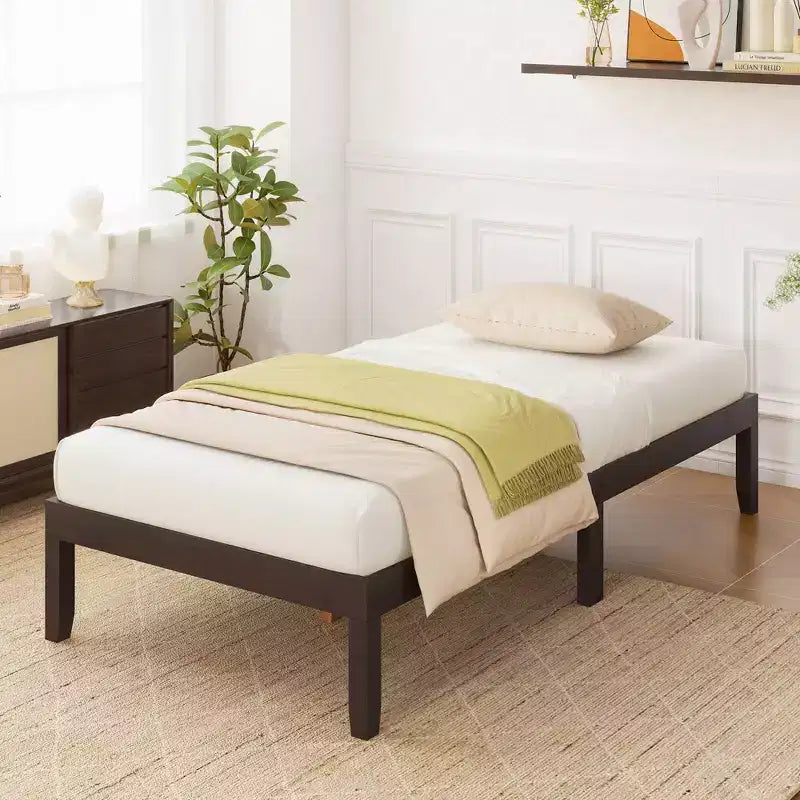 Costway Telaio Letto a Piattaforma in Legno 14 per Materasso Matrimoniale/Una Piazza e Mezza/Queen con Gambe in Legno di Caucciù e Contenitore Sotto il Letto Marrone