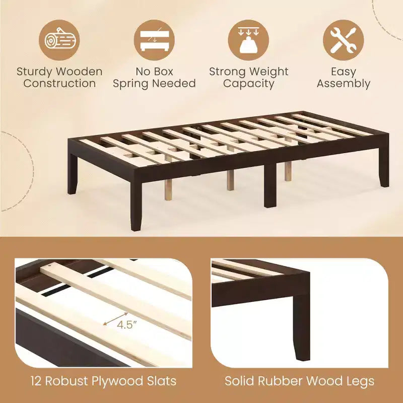 Costway Telaio Letto a Piattaforma in Legno 14 per Materasso Matrimoniale/Una Piazza e Mezza/Queen con Gambe in Legno di Caucciù e Contenitore Sotto il Letto Marrone