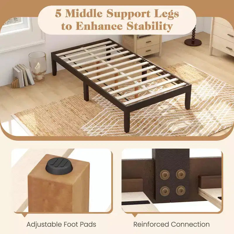 Costway Telaio Letto a Piattaforma in Legno 14 per Materasso Matrimoniale/Una Piazza e Mezza/Queen con Gambe in Legno di Caucciù e Contenitore Sotto il Letto Marrone