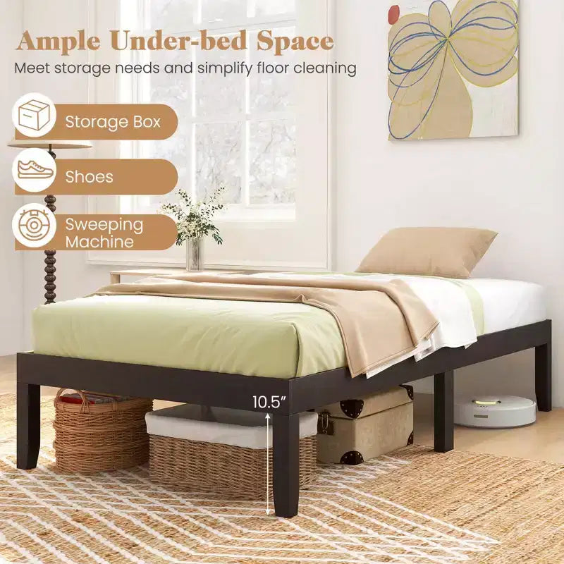 Costway Telaio Letto a Piattaforma in Legno 14 per Materasso Matrimoniale/Una Piazza e Mezza/Queen con Gambe in Legno di Caucciù e Contenitore Sotto il Letto Marrone