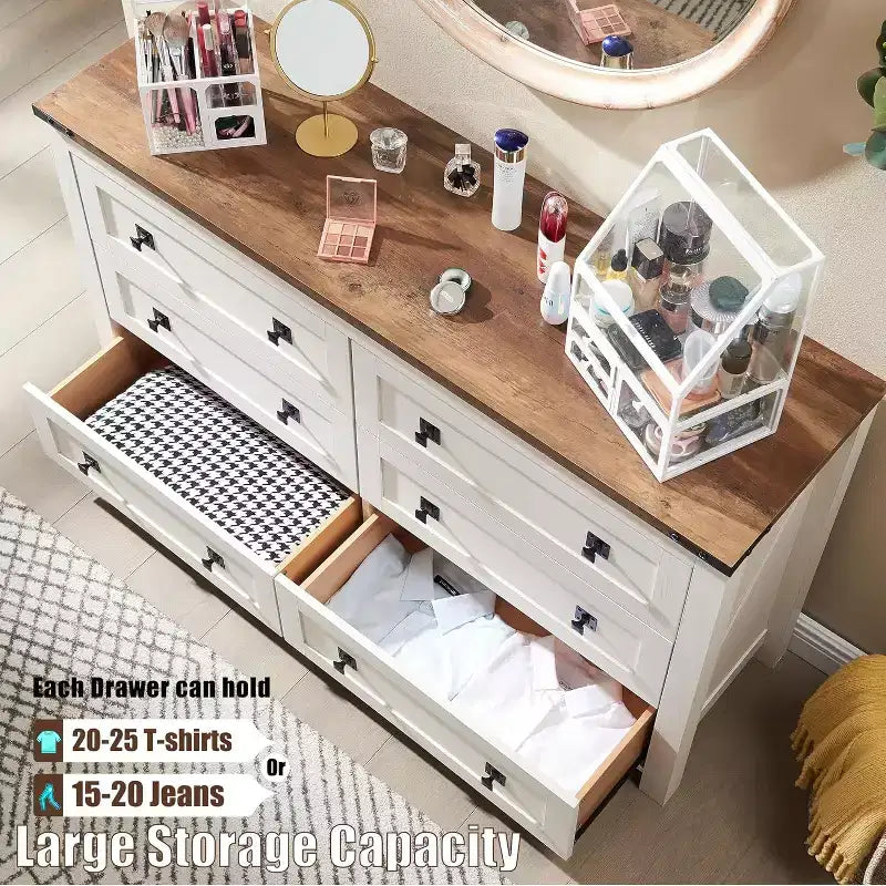 Cassettiera da Fattoria a 6 Cassetti, Comò Ampio Rustico in Legno da 54 Pollici, Organizer per Cassettiere Contenitore per Camera da Letto, Soggiorno, Corridoio, Bianco