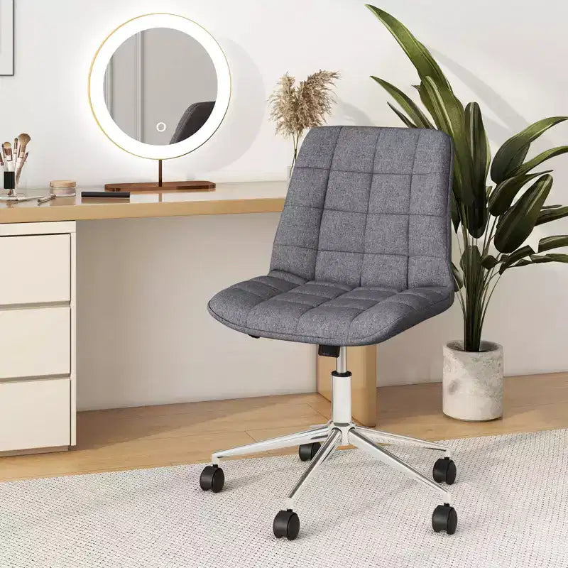Sedia da Ufficio Costway Senza Braccioli Imbottita, con Altezza Regolabile e Ruote per Piccoli Spazi Grigio/Bianco