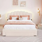 Letto matrimoniale imbottito in pile Teddy Beige con cassetto