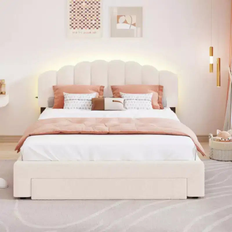 Letto matrimoniale imbottito in pile Teddy Beige con cassetto