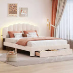 Letto matrimoniale imbottito in pile Teddy Beige con cassetto