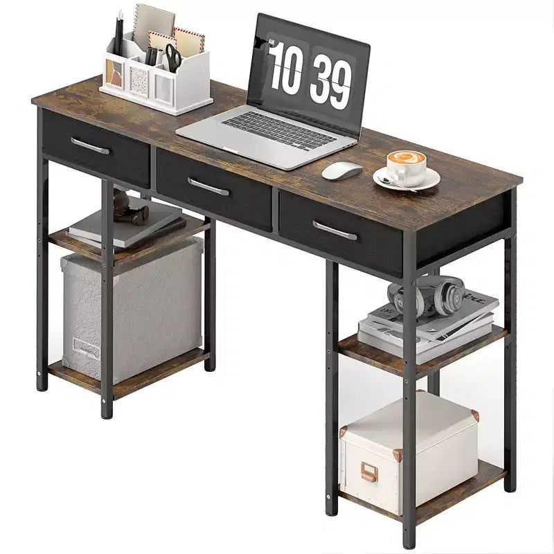 HOMCOM Scrivania Piccola 47, Scrivania per Computer con Cassetti in Tessuto, Scrivania da Ufficio con Scaffali Regolabili, Tavolo per Computer per Piccoli Spazi