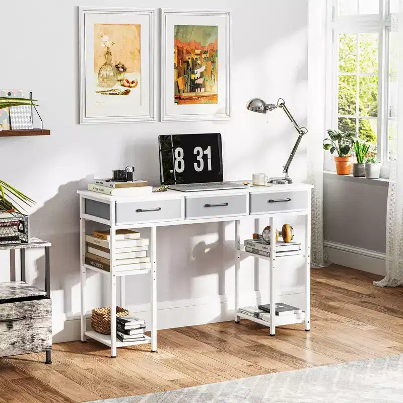 HOMCOM Scrivania Piccola 47, Scrivania per Computer con Cassetti in Tessuto, Scrivania da Ufficio con Scaffali Regolabili, Tavolo per Computer per Piccoli Spazi