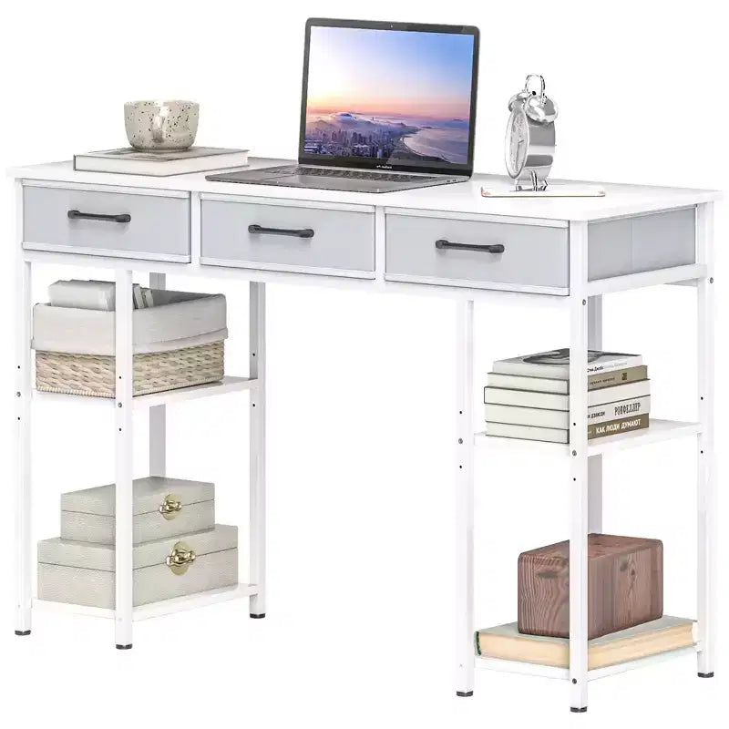 HOMCOM Scrivania Piccola 47, Scrivania per Computer con Cassetti in Tessuto, Scrivania da Ufficio con Scaffali Regolabili, Tavolo per Computer per Piccoli Spazi