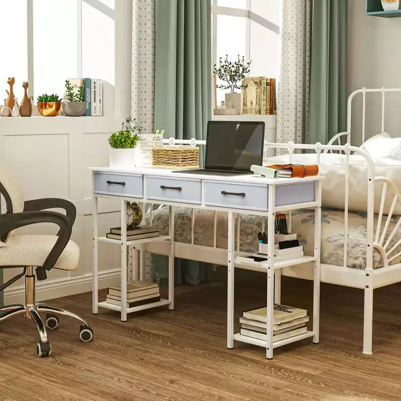 HOMCOM Scrivania Piccola 47, Scrivania per Computer con Cassetti in Tessuto, Scrivania da Ufficio con Scaffali Regolabili, Tavolo per Computer per Piccoli Spazi