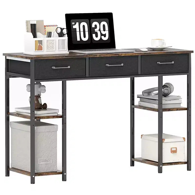 HOMCOM Scrivania Piccola 47, Scrivania per Computer con Cassetti in Tessuto, Scrivania da Ufficio con Scaffali Regolabili, Tavolo per Computer per Piccoli Spazi