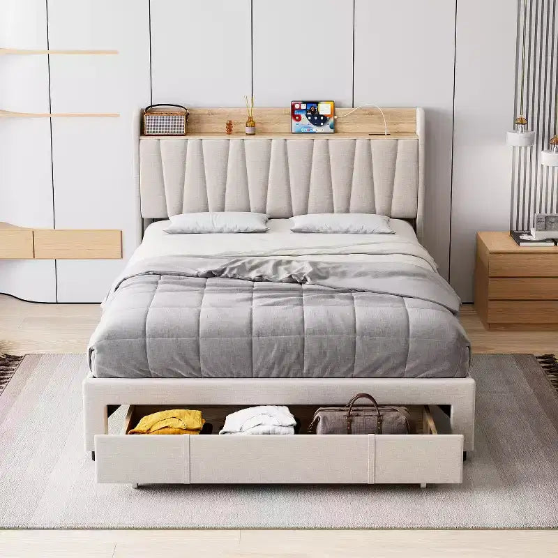 Struttura Letto Whizmax con 2 Cassetti Contenitore, Struttura Letto Imbottita con Testiera Contenitore, Base Materasso con Supporto a Doghe in Legno Massello