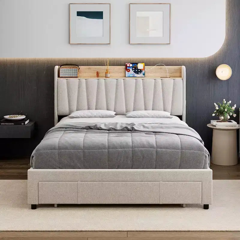 Struttura Letto Whizmax con 2 Cassetti Contenitore, Struttura Letto Imbottita con Testiera Contenitore, Base Materasso con Supporto a Doghe in Legno Massello