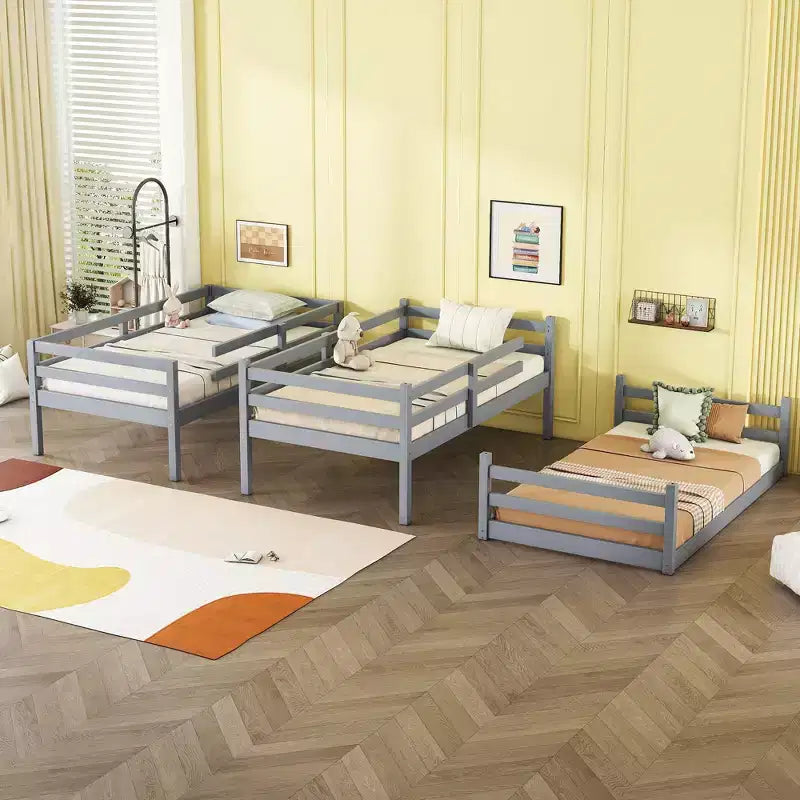 Letto a castello triplo e doppio Whisen in legno di gomma, smontabile, con due scale integrate e sponde di sicurezza