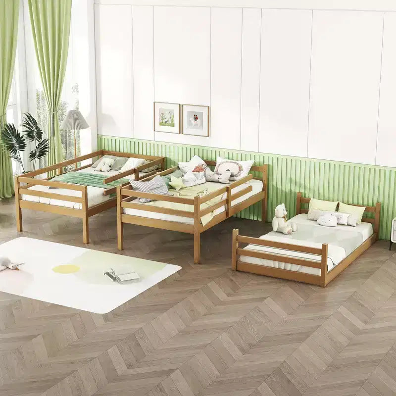 Letto a castello triplo e doppio Whisen in legno di gomma, smontabile, con due scale integrate e sponde di sicurezza