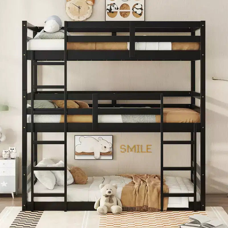 Whisen Rubber Wood Detachable Triple Twin Bunk Bed with Two Built-in Ladders and Guardrails