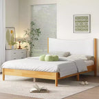 Whisen Queen Size Rubber Wooden Bed with Boucle Upholstered Headboard - Natural