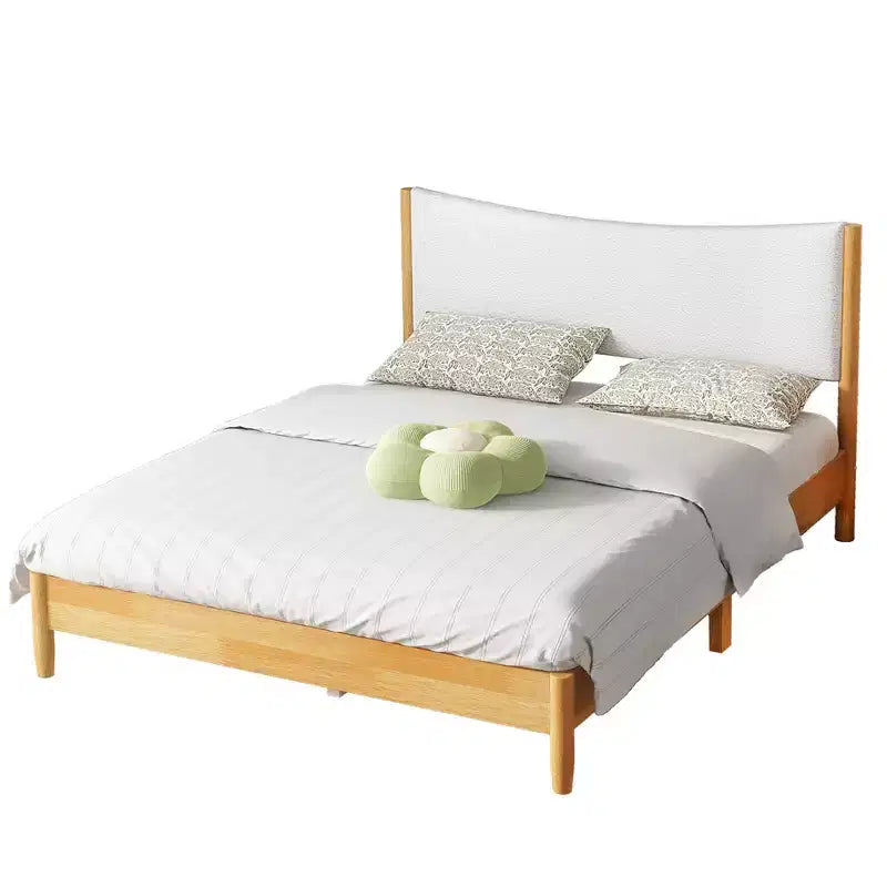 Letto matrimoniale Whisen in legno di gomma con testiera imbottita in Boucle - Naturale