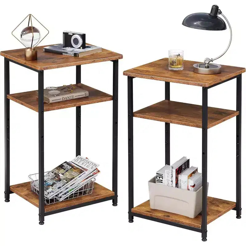 DEXYLLO Side Tables Set of 2, Small End Table, Adjustable 3-Tier Bedside Table with Sturdy Metal Frame, Tall Nightstand for Bedroom, Living Room