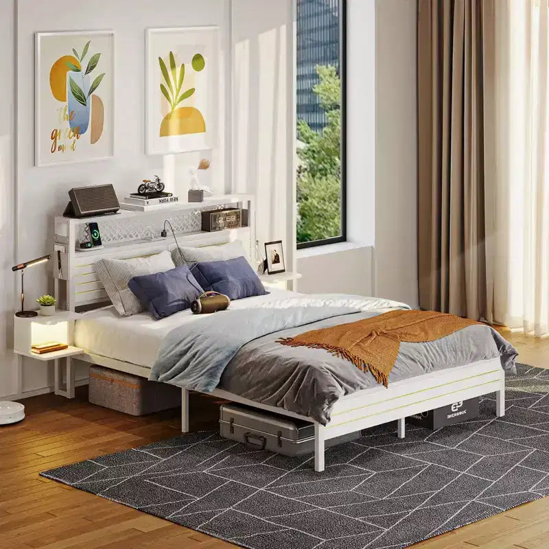 Struttura Letto Bestier con Testiera Contenitore, Letto a Piattaforma in Metallo con Presa di Corrente e Mensole Laterali, Rete a Doghe in Acciaio per Materasso